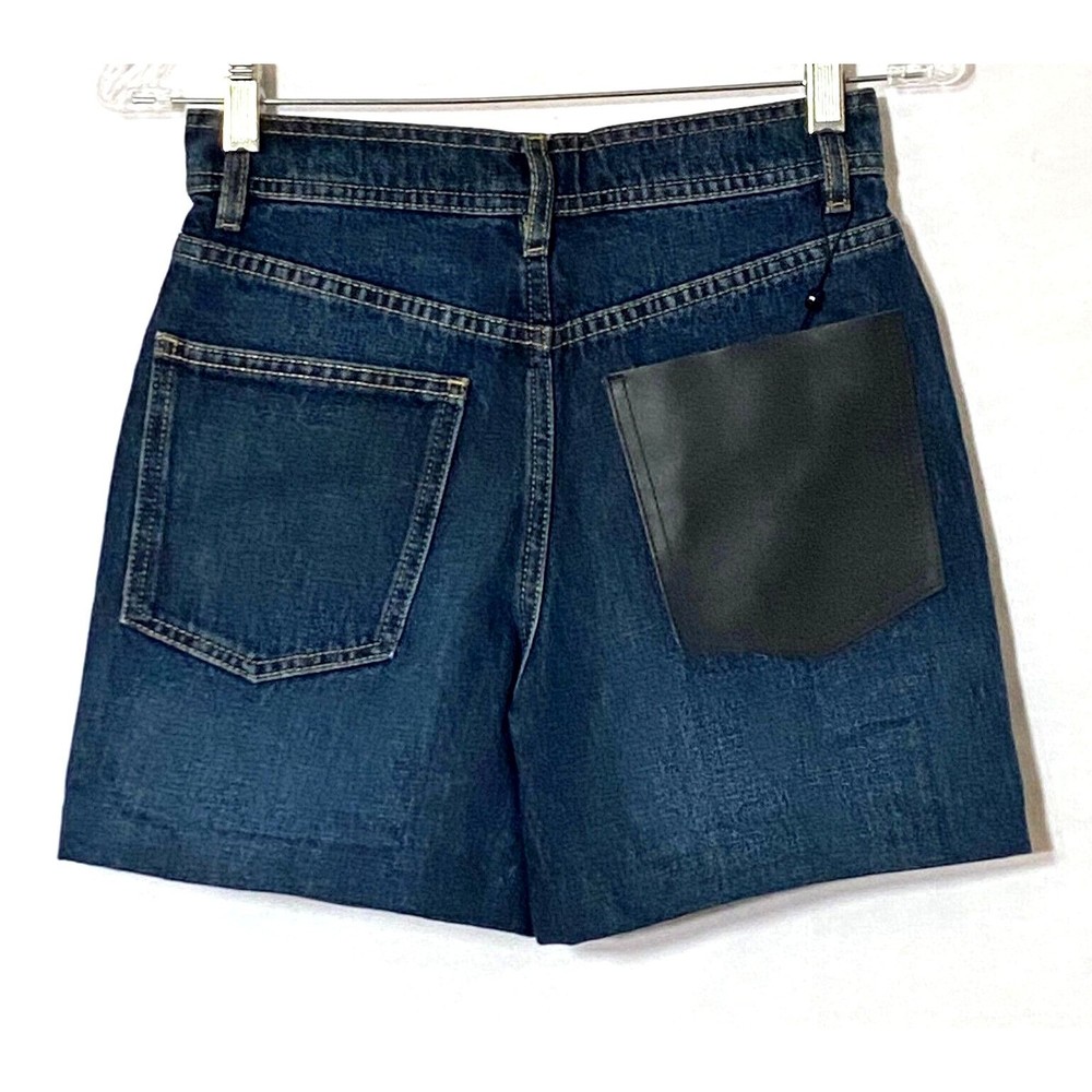 Massimo Dutti Denim Shorts 2 Blue Dark Wash Button Fly Faux Leather Pocket NWT